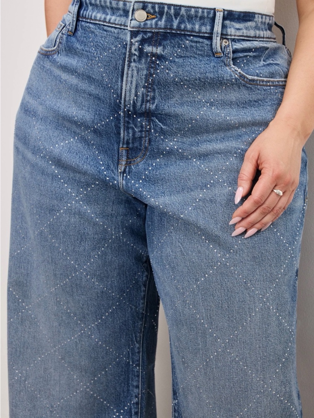 Good American Blue Good Ease Jeans with Crystal Dot Diamond Pattern